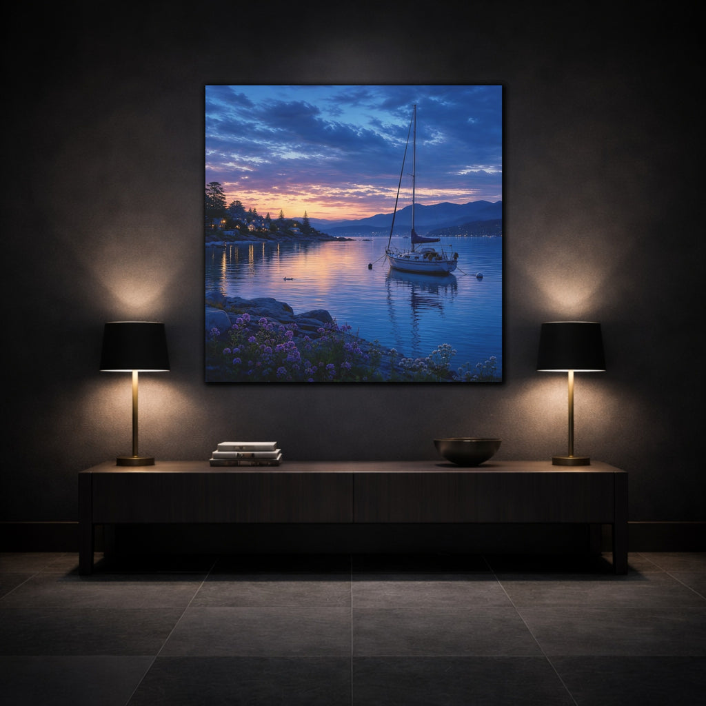 Mockup 3. Nature Sailboat Coastal Sunset shown as stretched canvas wall art