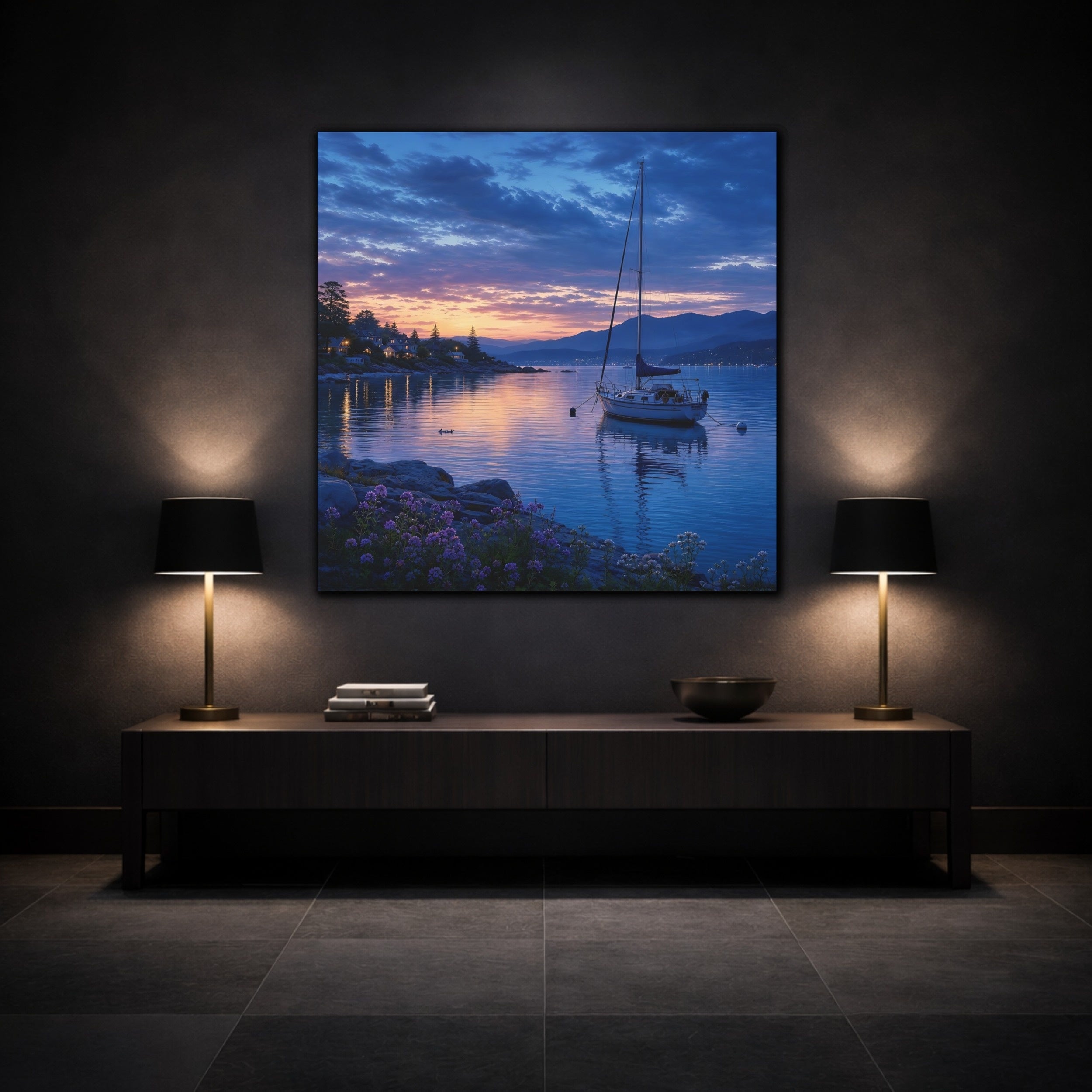 Mockup 3. Nature Sailboat Coastal Sunset shown as stretched canvas wall art