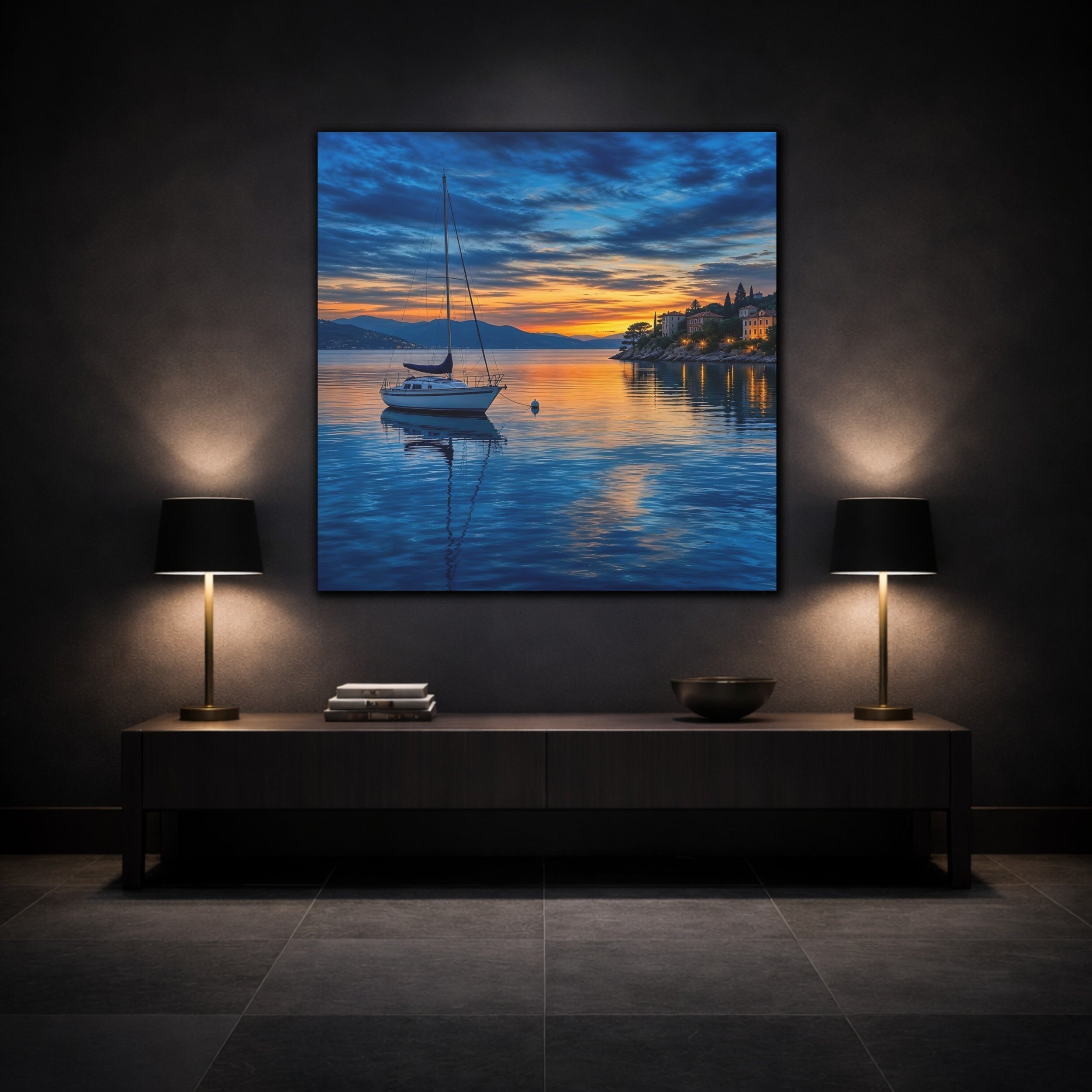 Mockup 3. Nature Sailboat Coastal Sunset shown as stretched canvas wall art