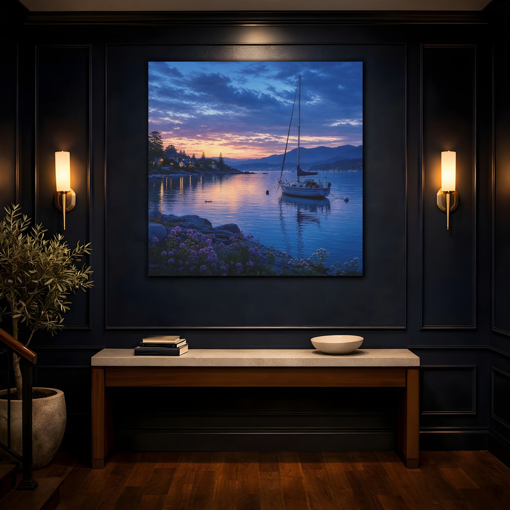 Mockup 4. Nature Sailboat Coastal Sunset shown as stretched canvas wall art