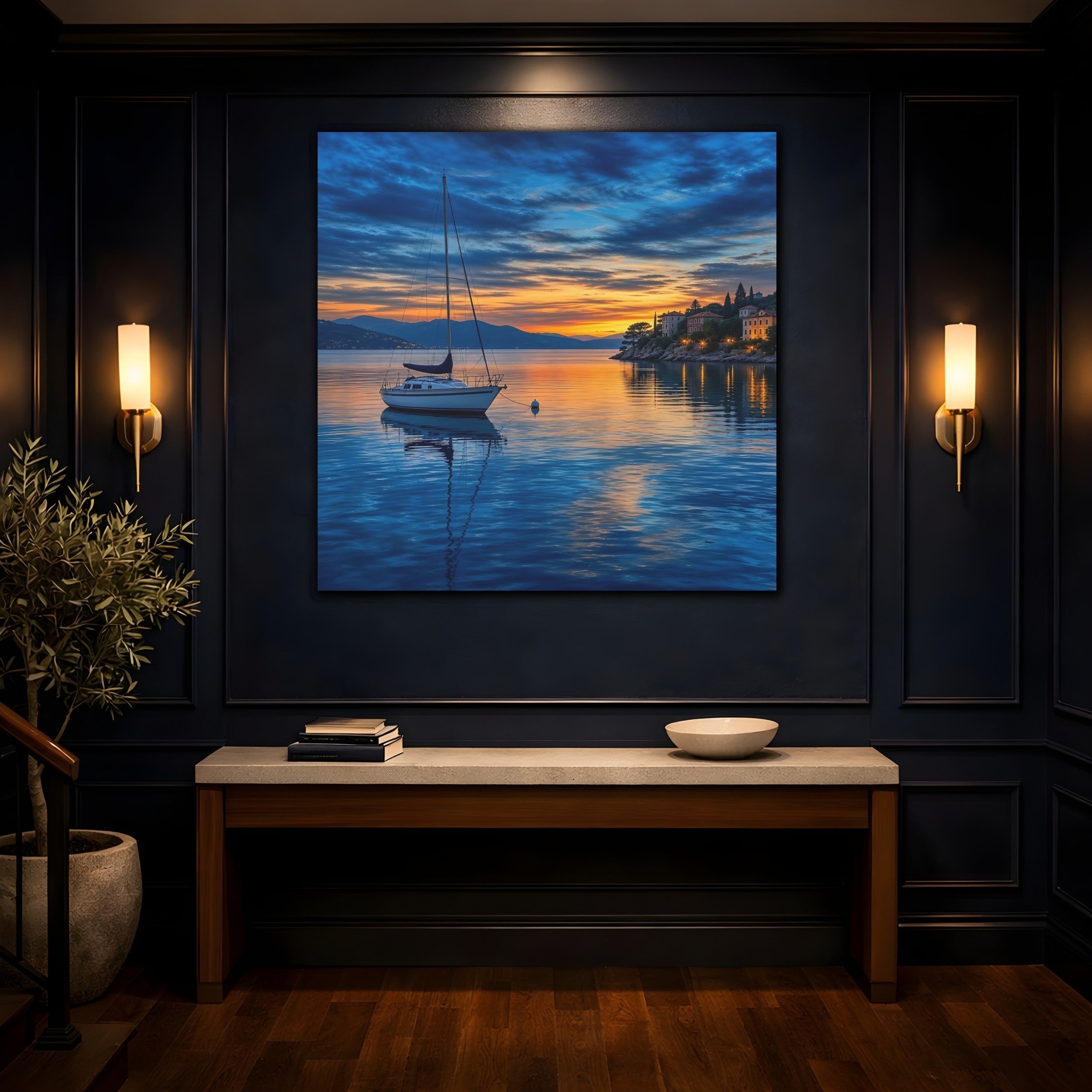 Mockup 4. Nature Sailboat Coastal Sunset shown as stretched canvas wall art