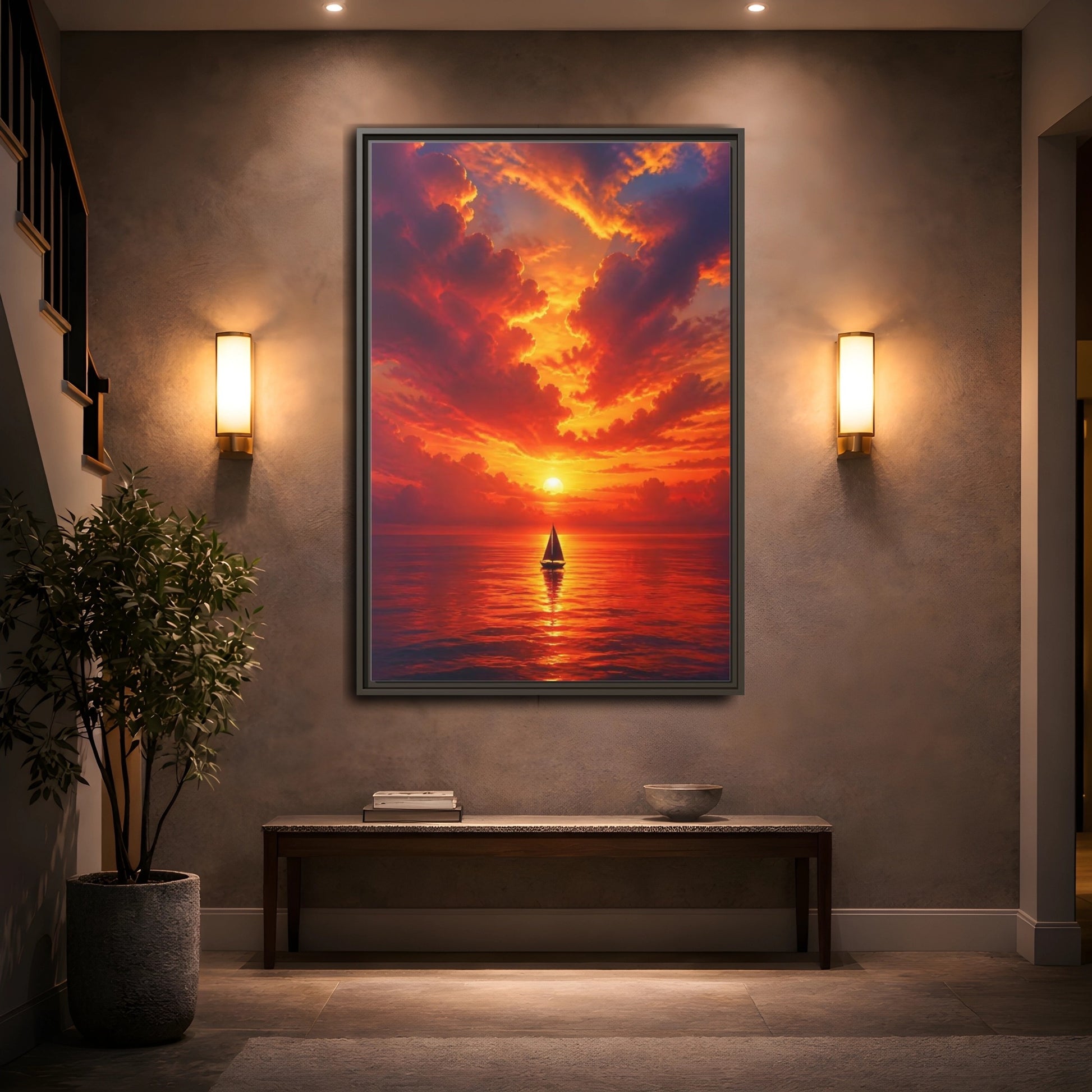 Mockup 2. Nature Sailboat Orange Sunset shown as stretched canvas wall art