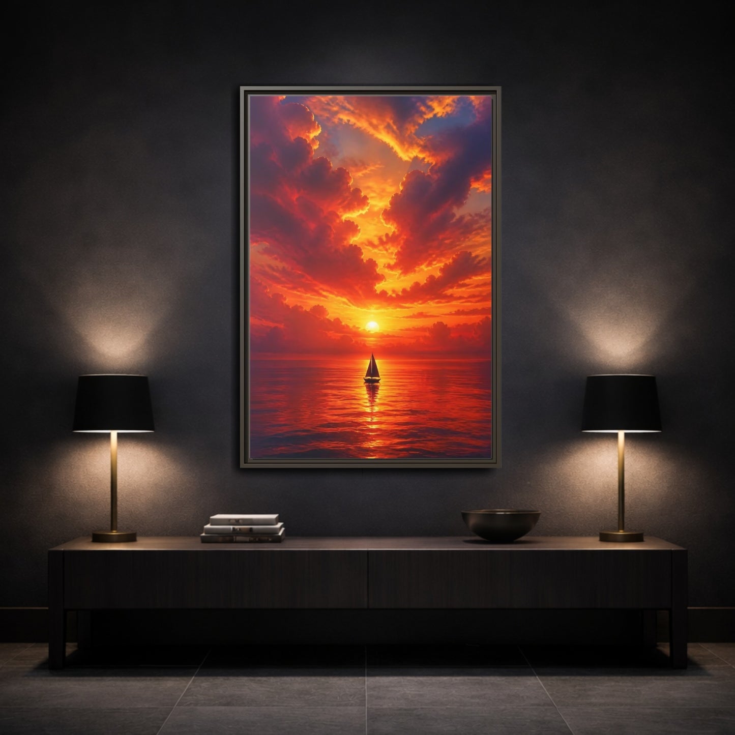 Mockup 3. Nature Sailboat Orange Sunset shown as stretched canvas wall art