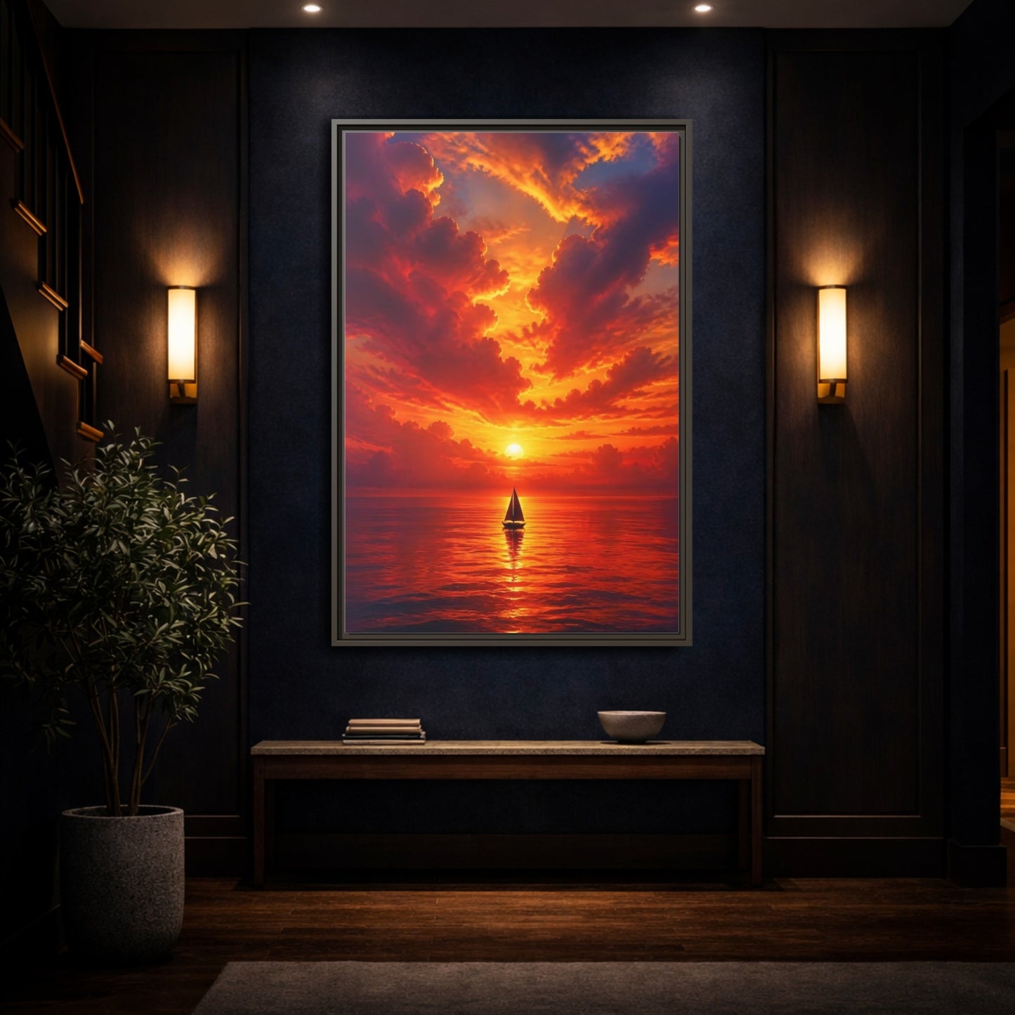Mockup 4. Nature Sailboat Orange Sunset shown as stretched canvas wall art