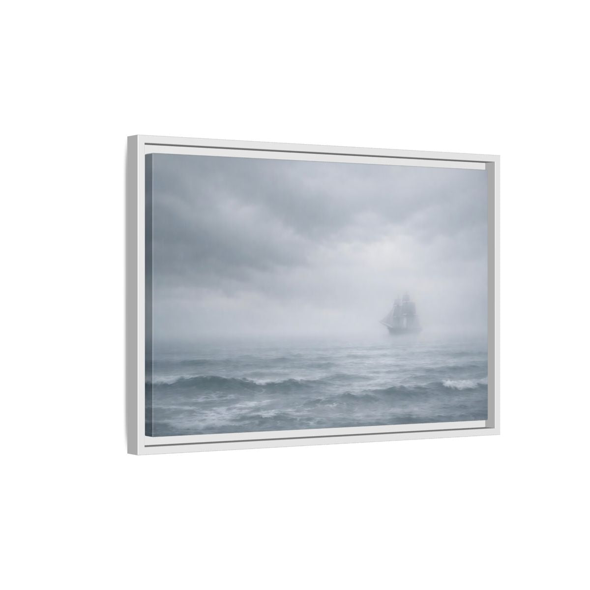 Side Mockup 1. Nature Sailing Ship Gray And White shown as stretched canvas wall art