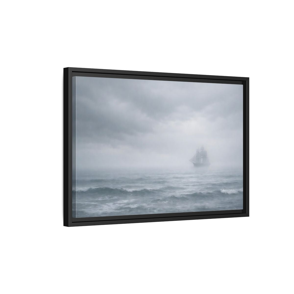 Side Mockup 3. Nature Sailing Ship Gray And White shown as stretched canvas wall art