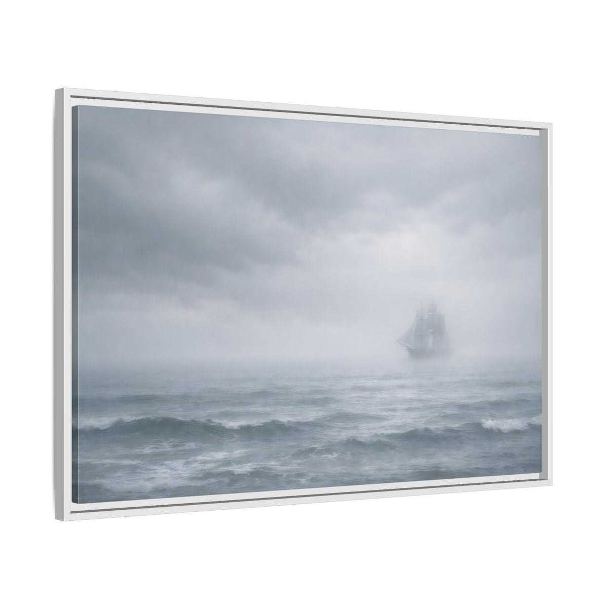 Side Mockup 9. Nature Sailing Ship Gray And White shown as stretched canvas wall art