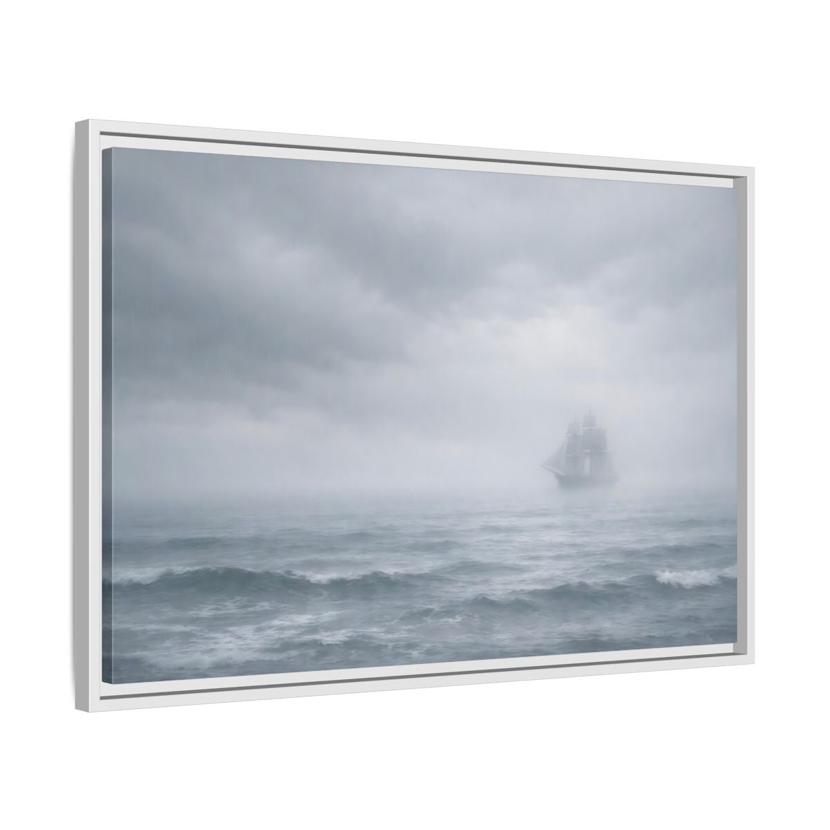 Side Mockup 10. Nature Sailing Ship Gray And White shown as stretched canvas wall art