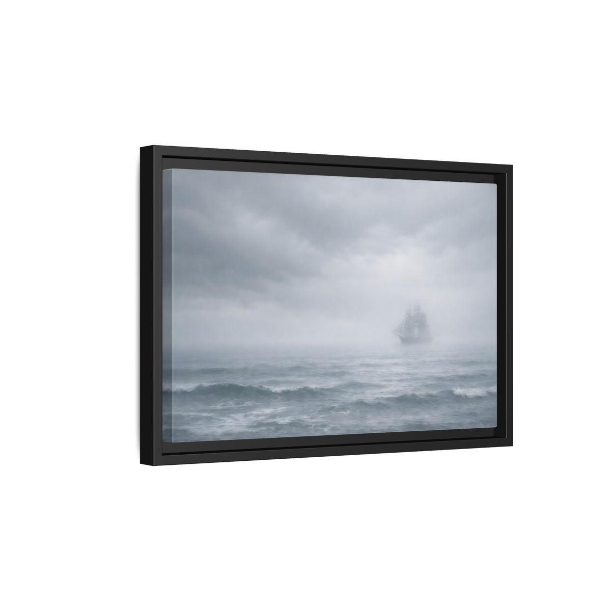 Side Mockup 6. Nature Sailing Ship Gray And White shown as stretched canvas wall art