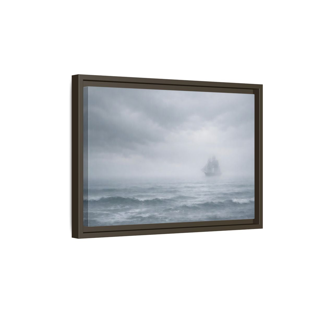 Side Mockup 5. Nature Sailing Ship Gray And White shown as stretched canvas wall art