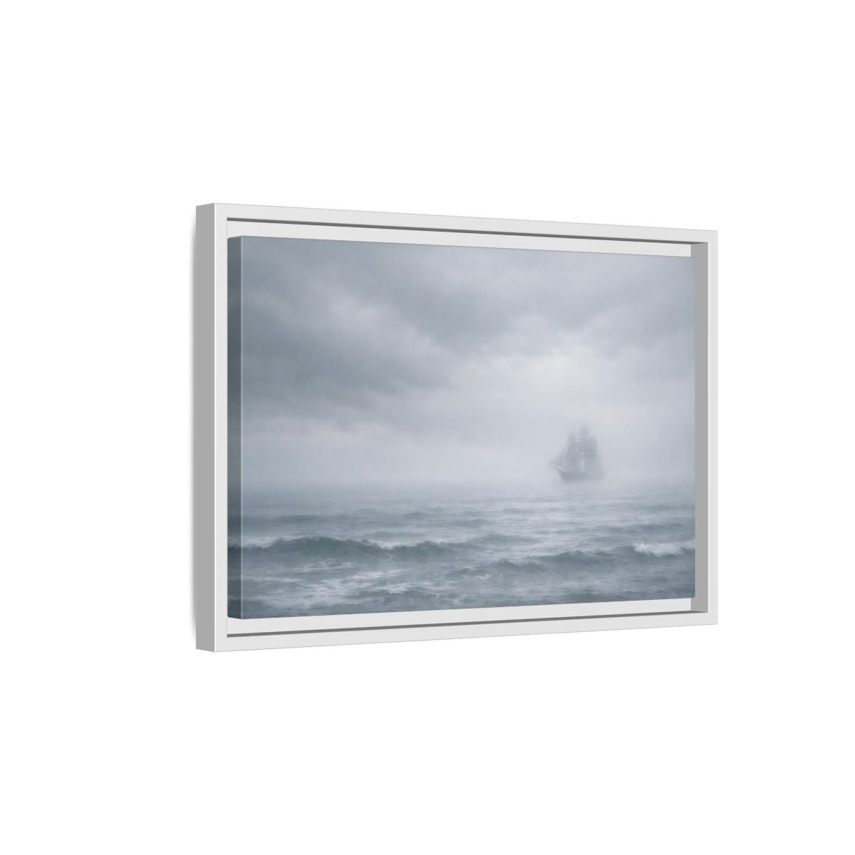 Side Mockup 4. Nature Sailing Ship Gray And White shown as stretched canvas wall art