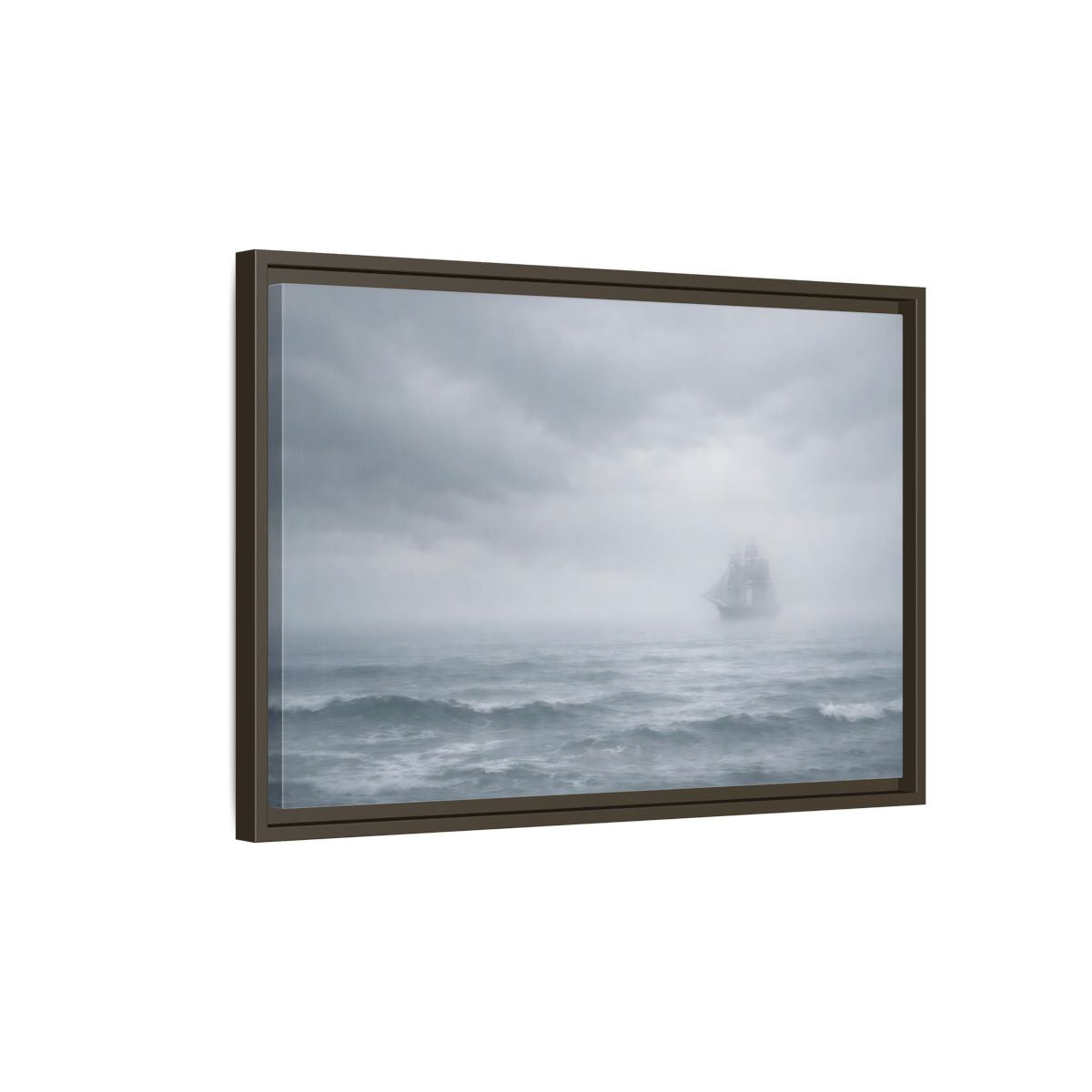 Side Mockup 2. Nature Sailing Ship Gray And White shown as stretched canvas wall art