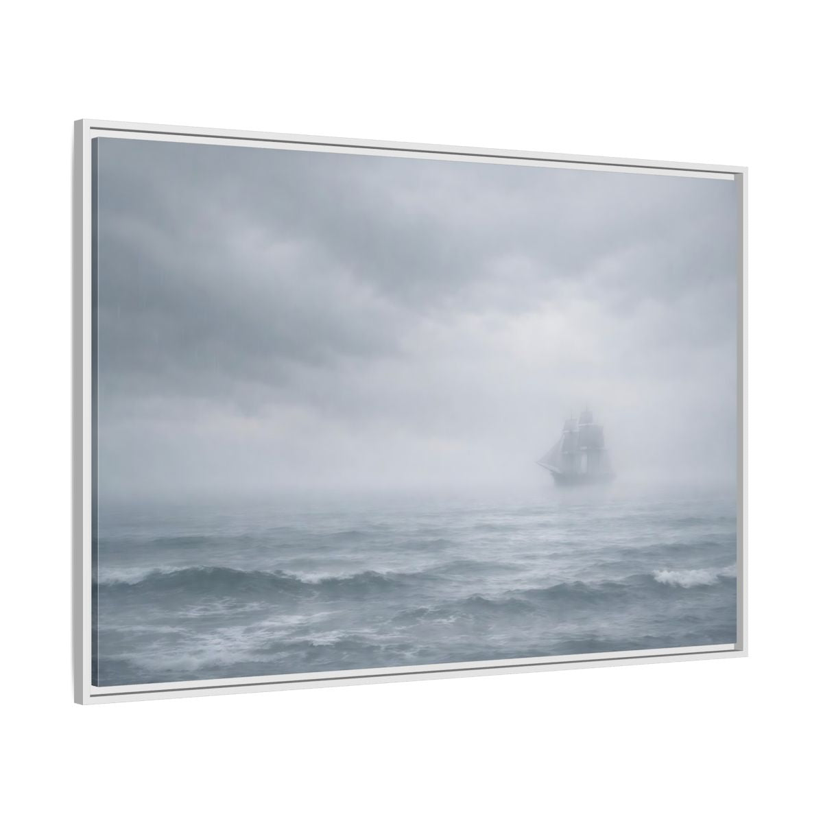 Side Mockup 7. Nature Sailing Ship Gray And White shown as stretched canvas wall art