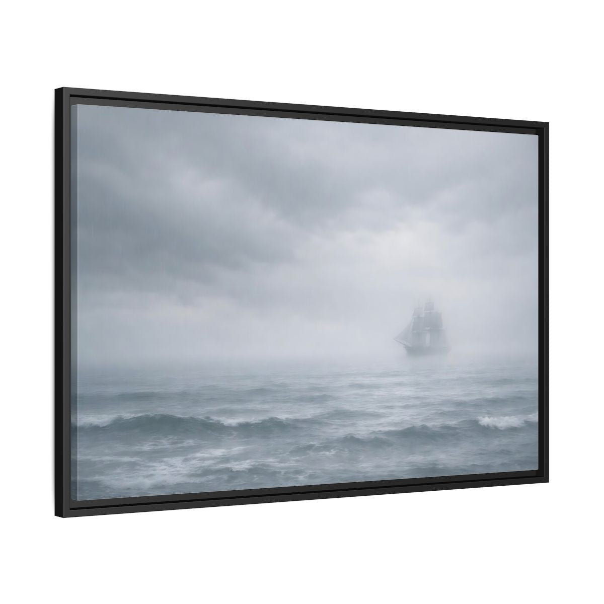 Side Mockup 13. Nature Sailing Ship Gray And White shown as stretched canvas wall art