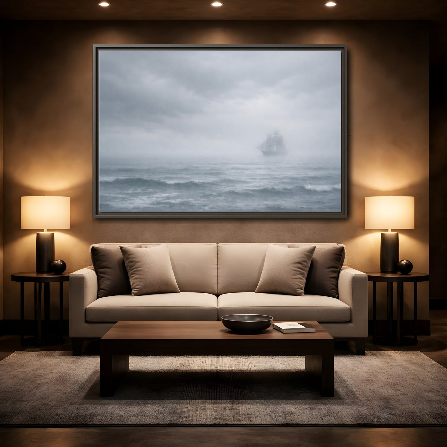 Mockup 2. Nature Sailing Ship Gray And White shown as stretched canvas wall art
