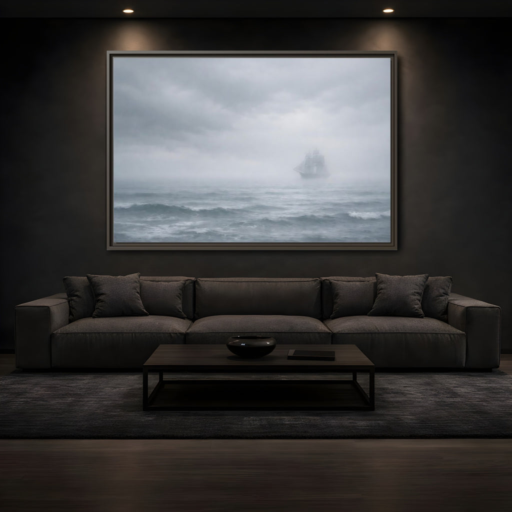 Mockup 3. Nature Sailing Ship Gray And White shown as stretched canvas wall art