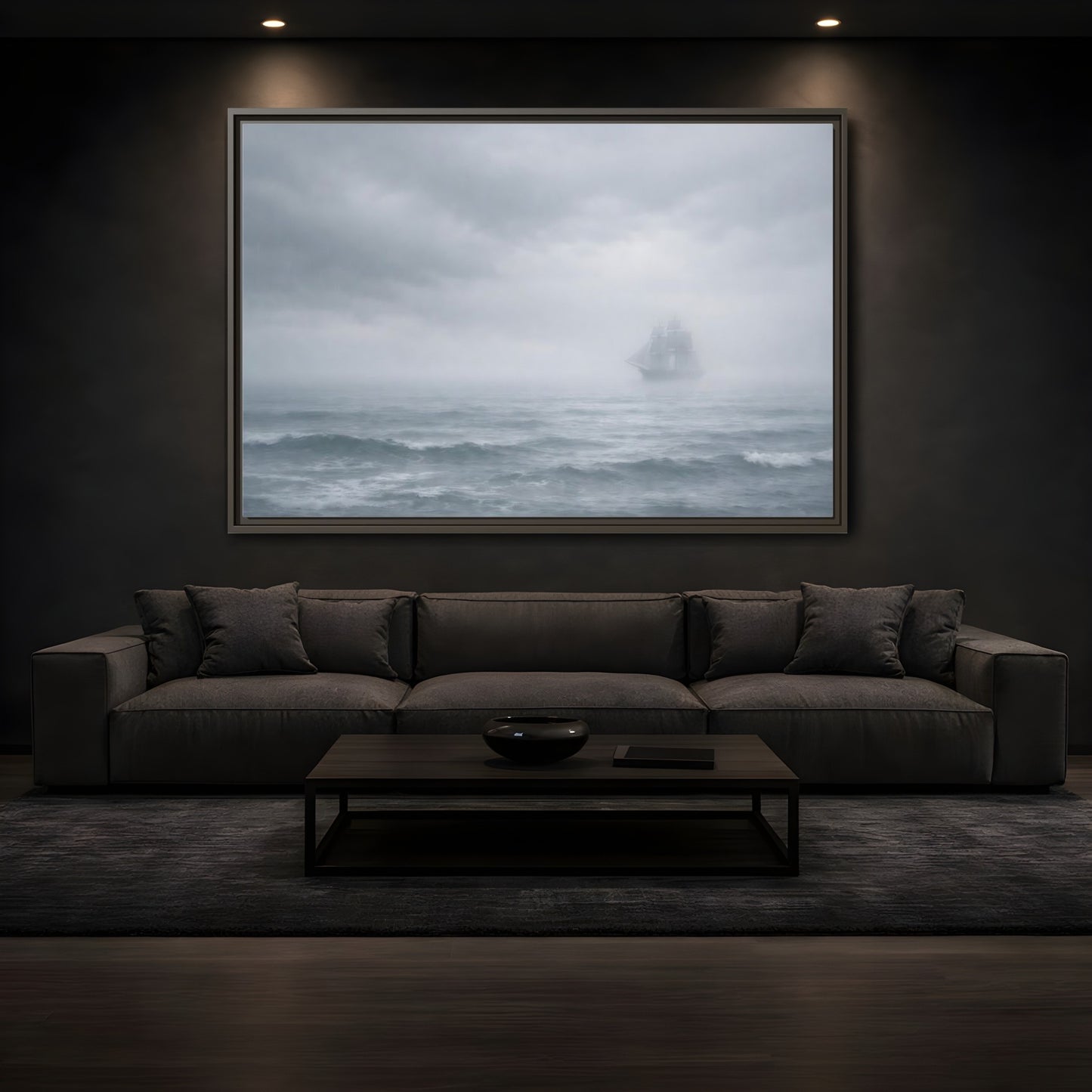 Mockup 3. Nature Sailing Ship Gray And White shown as stretched canvas wall art