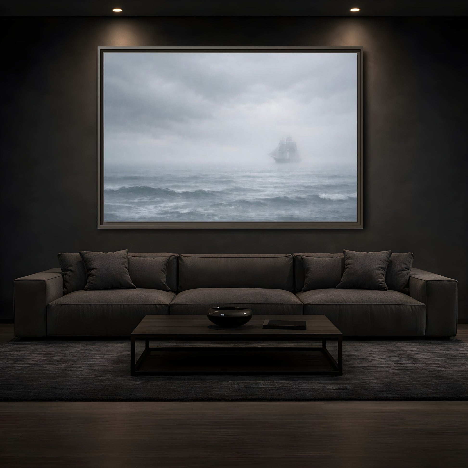Mockup 3. Nature Sailing Ship Gray And White shown as stretched canvas wall art