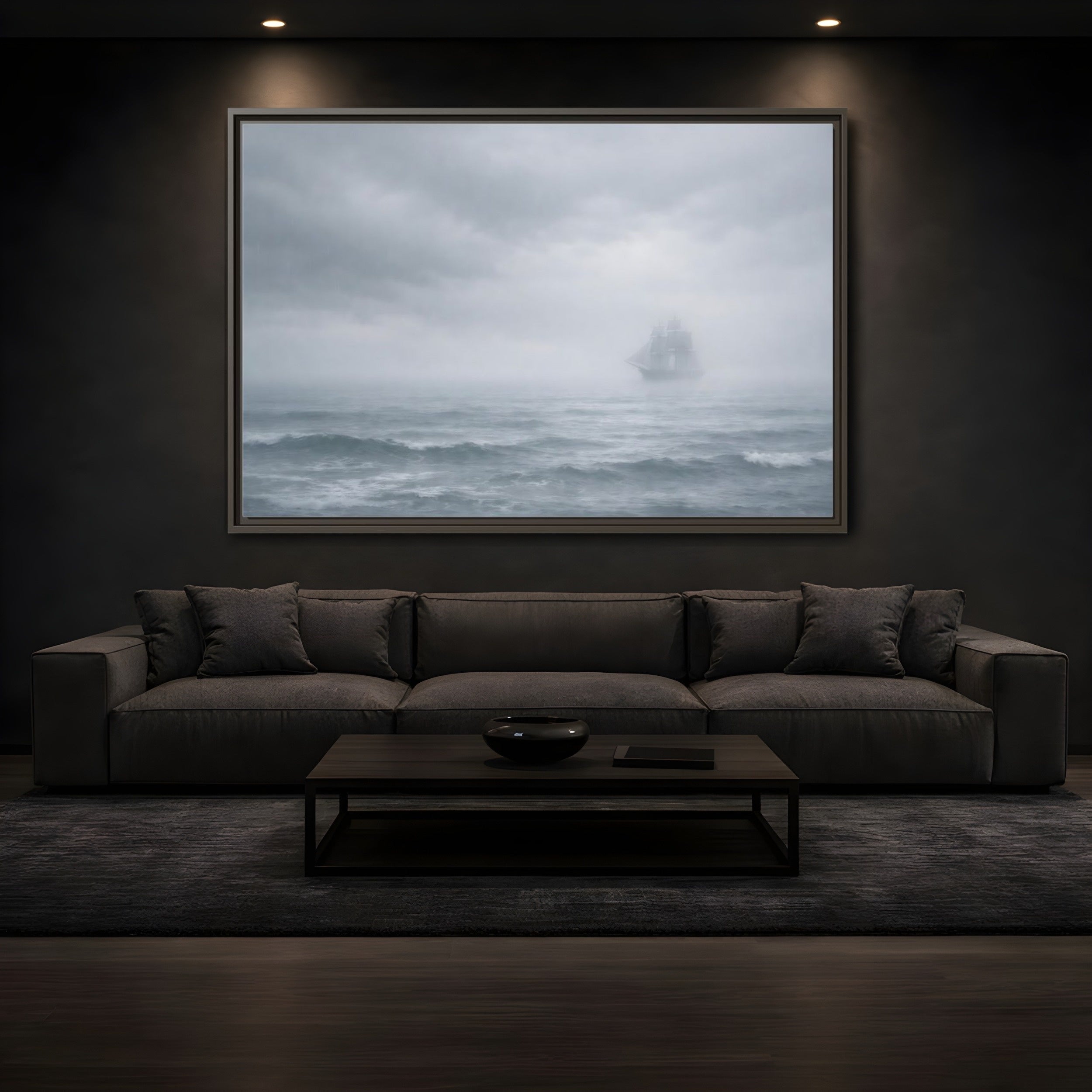 Mockup 3. Nature Sailing Ship Gray And White shown as stretched canvas wall art