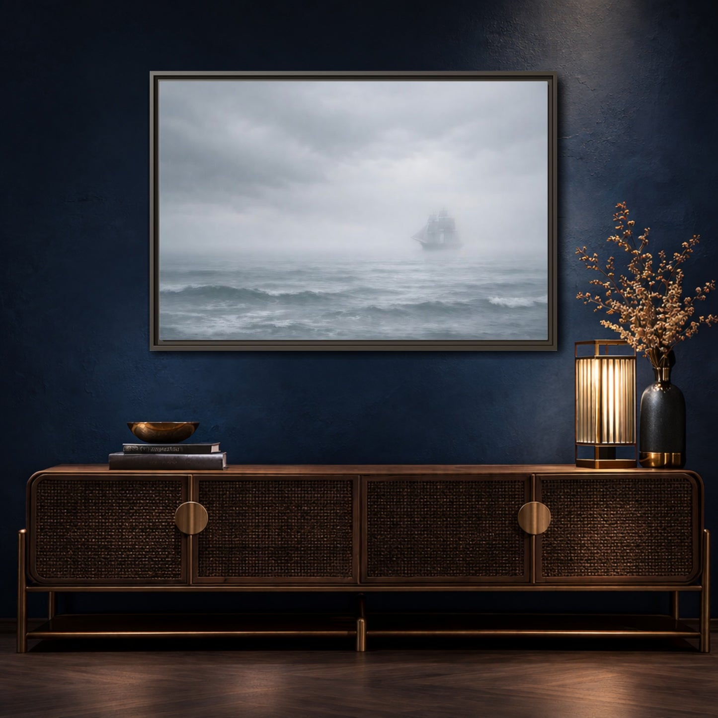 Mockup 4. Nature Sailing Ship Gray And White shown as stretched canvas wall art