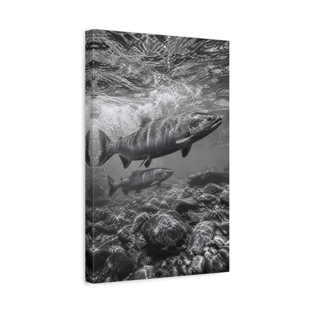Side Mockup 4. Nature Salmon Monochrome Salmon shown as stretched canvas wall art