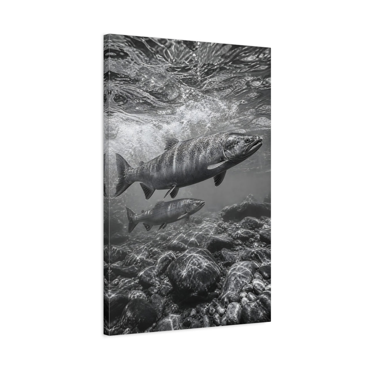Side Mockup 2. Nature Salmon Monochrome Salmon shown as stretched canvas wall art