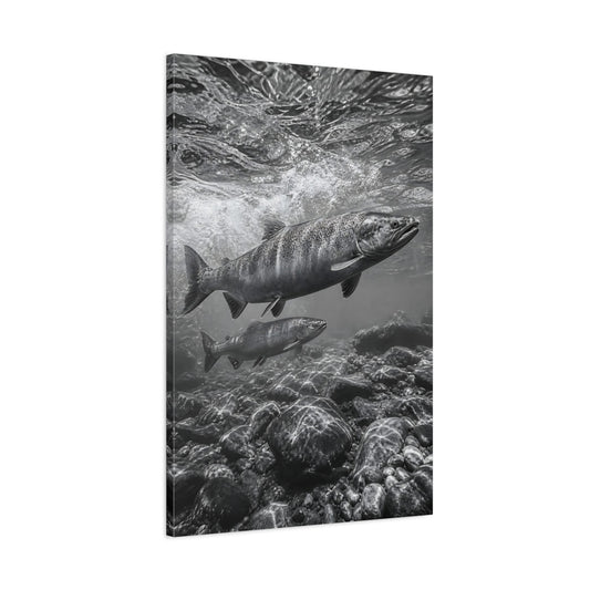 Main Mockup. Nature Salmon Monochrome Salmon shown as stretched canvas wall art