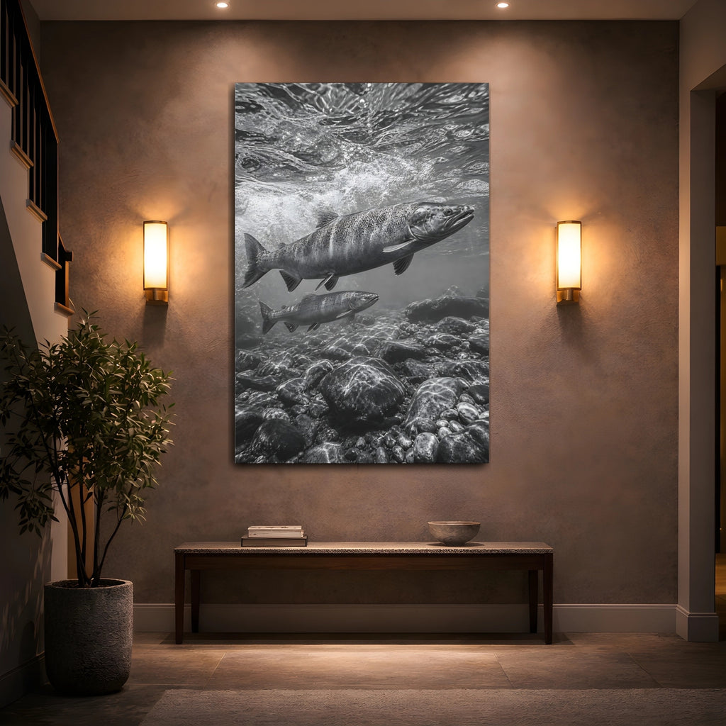 Mockup 2. Nature Salmon Monochrome Salmon shown as stretched canvas wall art