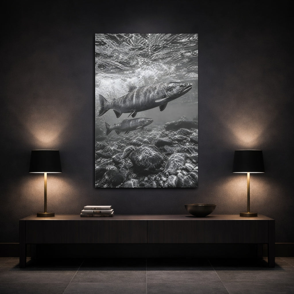 Mockup 3. Nature Salmon Monochrome Salmon shown as stretched canvas wall art