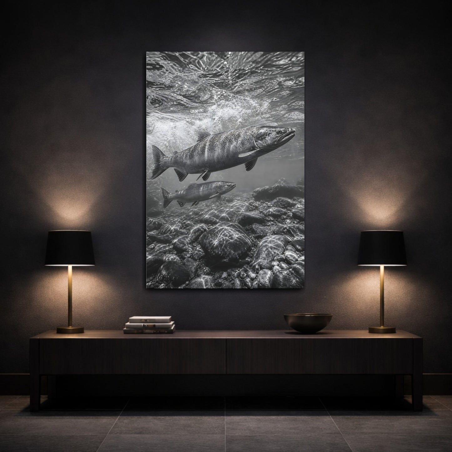 Mockup 3. Nature Salmon Monochrome Salmon shown as stretched canvas wall art