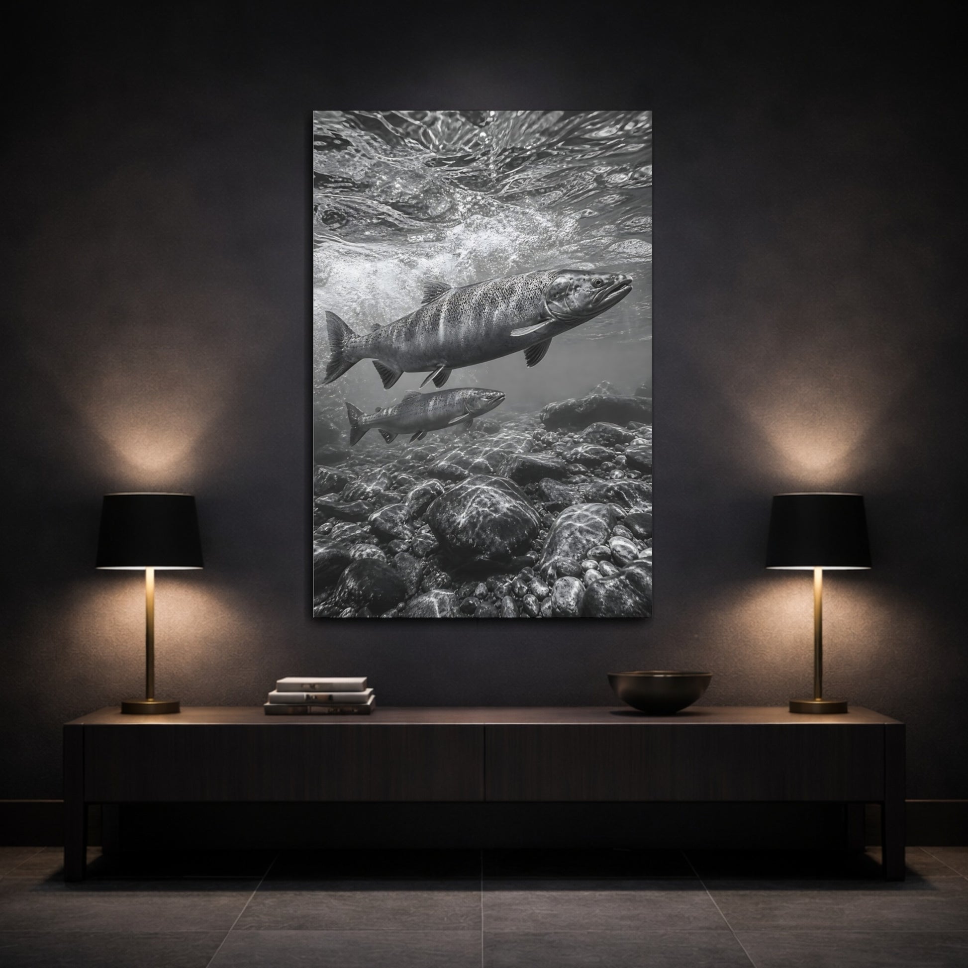 Mockup 3. Nature Salmon Monochrome Salmon shown as stretched canvas wall art