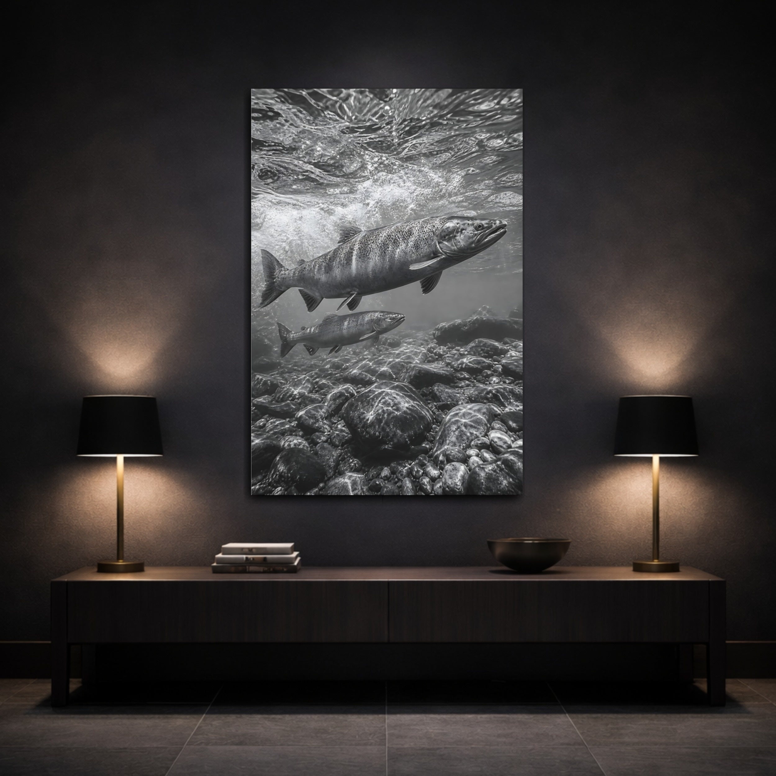 Mockup 3. Nature Salmon Monochrome Salmon shown as stretched canvas wall art