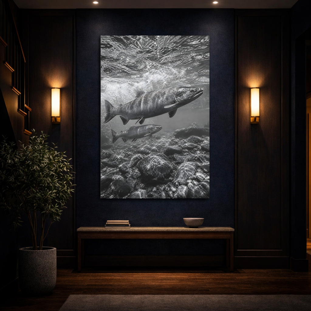 Mockup 4. Nature Salmon Monochrome Salmon shown as stretched canvas wall art