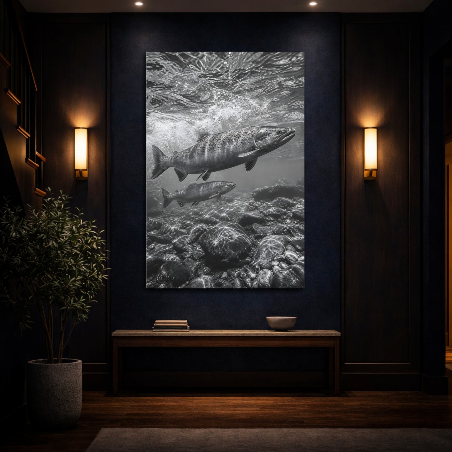 Mockup 4. Nature Salmon Monochrome Salmon shown as stretched canvas wall art