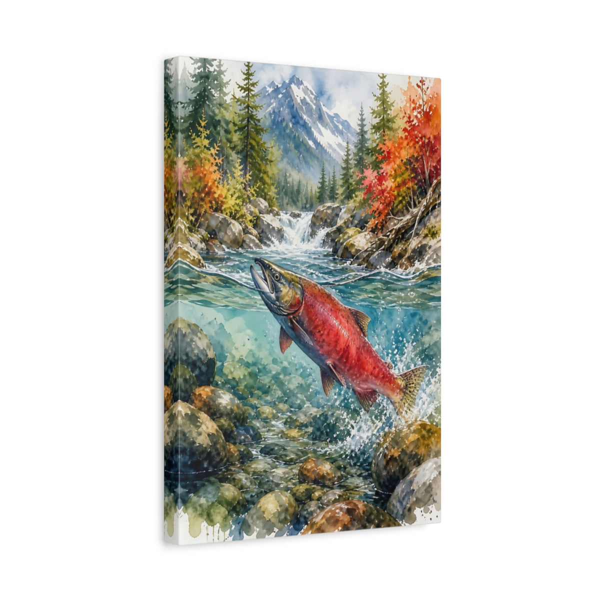 Side Mockup 4. Nature Salmon Red Salmon Autumn River shown as stretched canvas wall art