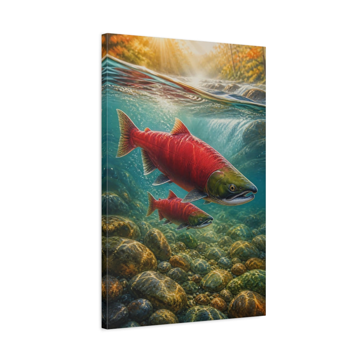 Side Mockup 2. Nature Salmon Red Salmon shown as stretched canvas wall art