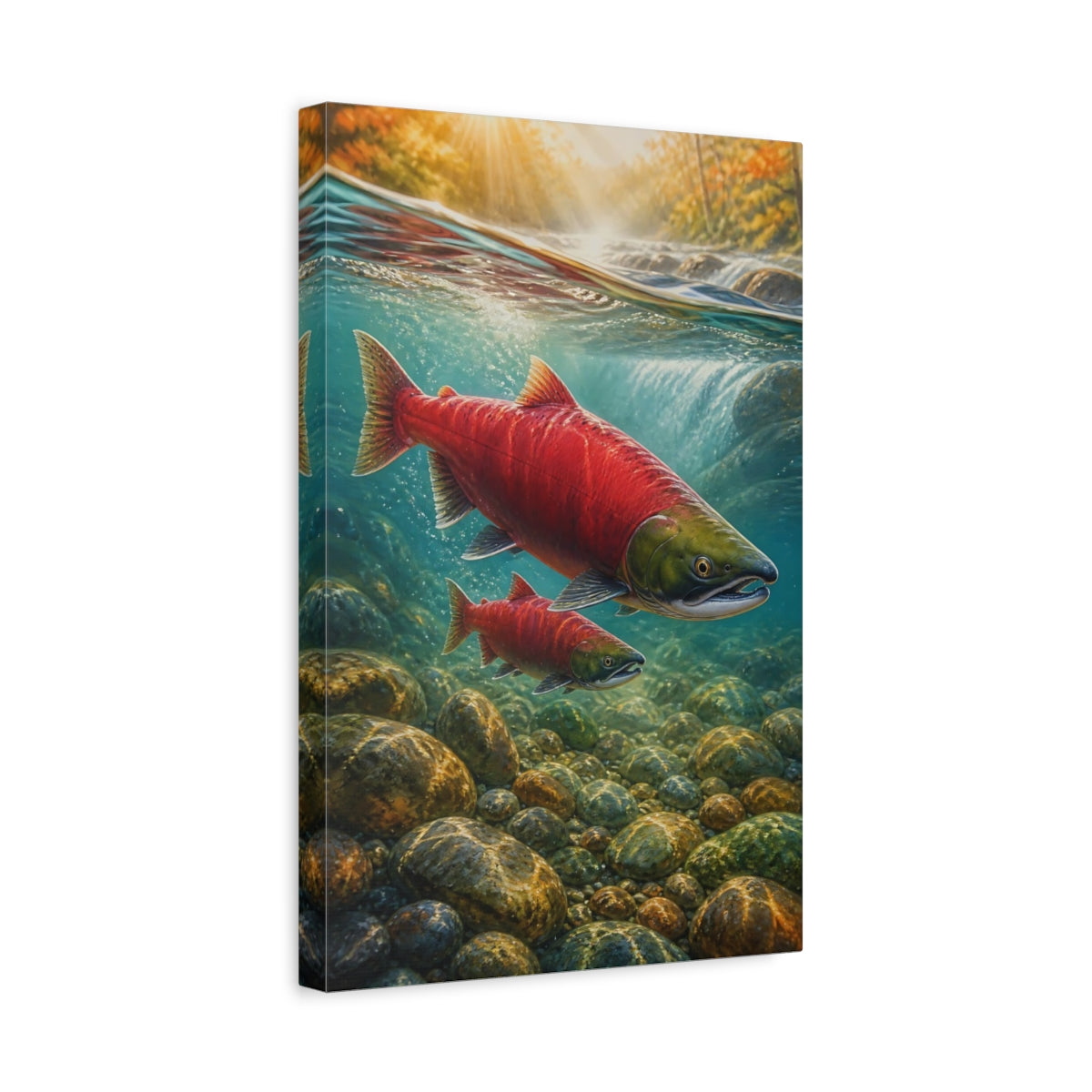 Side Mockup 4. Nature Salmon Red Salmon shown as stretched canvas wall art