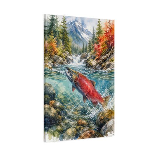 Main Mockup. Nature Salmon Red Salmon Autumn River shown as stretched canvas wall art