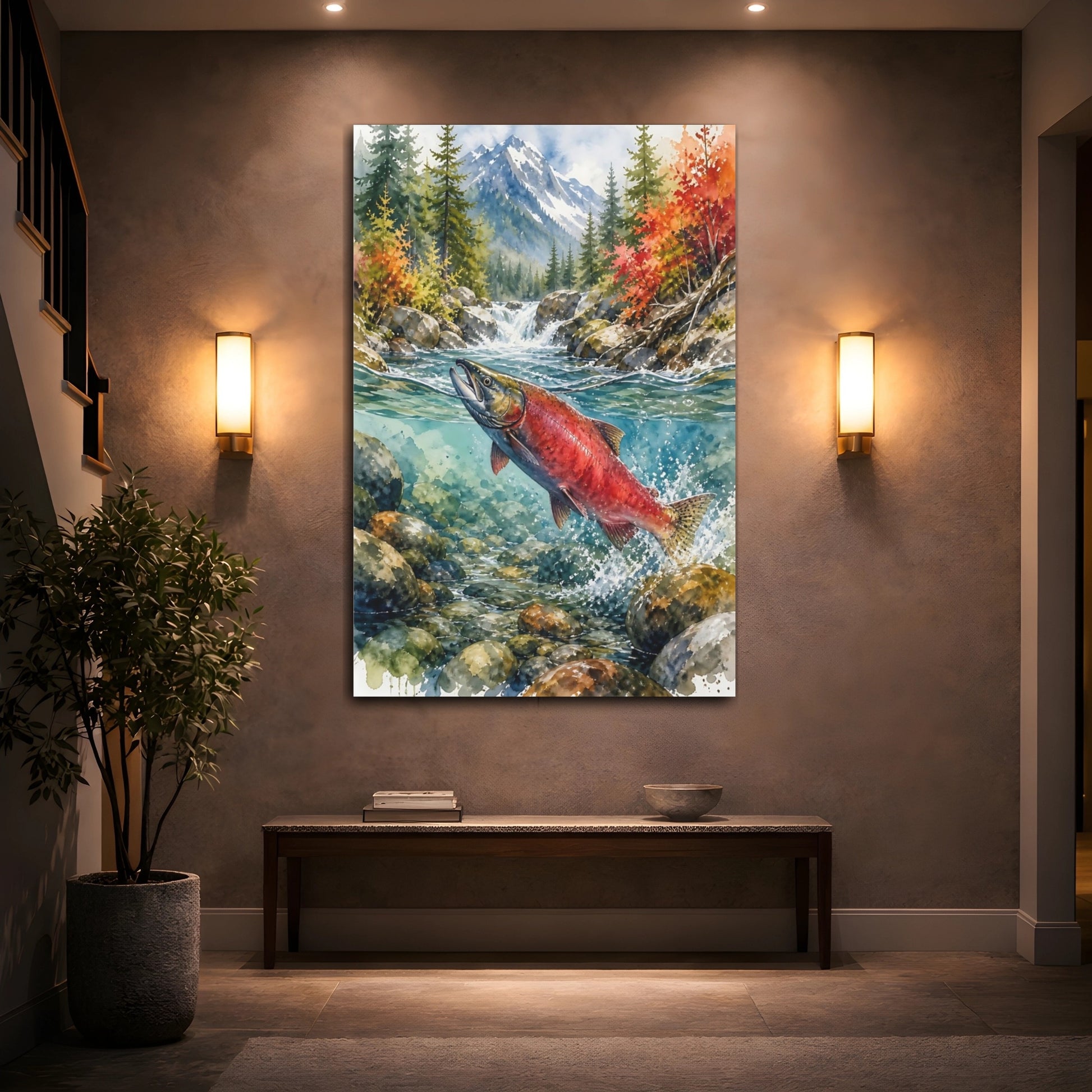 Mockup 2. Nature Salmon Red Salmon Autumn River shown as stretched canvas wall art