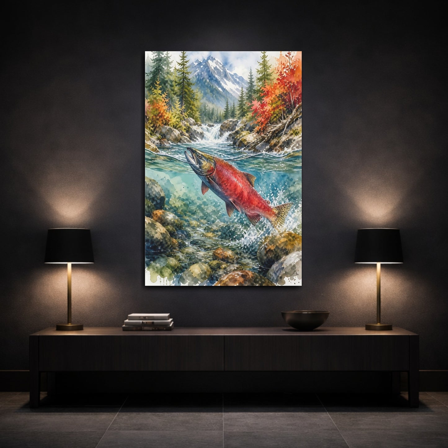 Mockup 3. Nature Salmon Red Salmon Autumn River shown as stretched canvas wall art