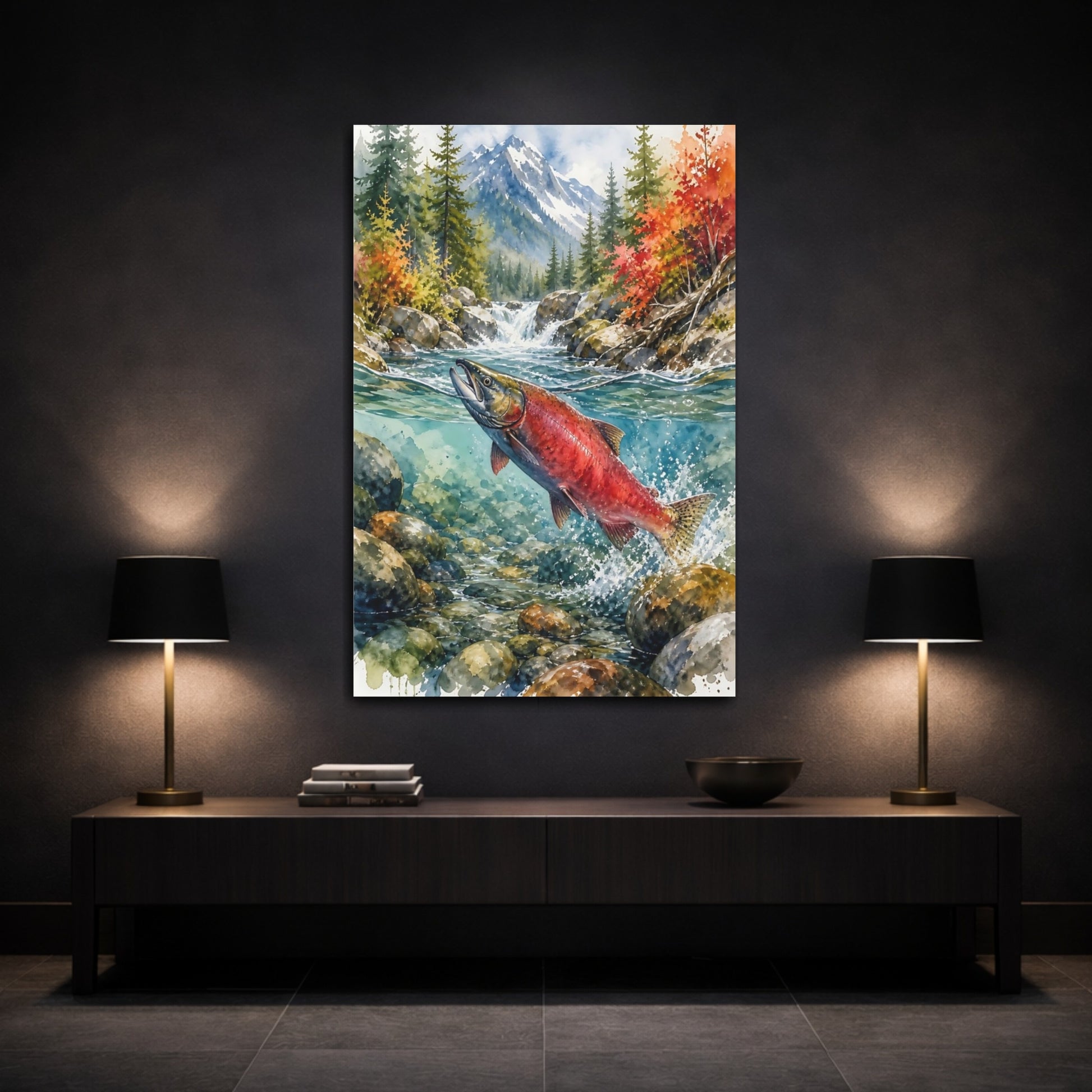Mockup 3. Nature Salmon Red Salmon Autumn River shown as stretched canvas wall art