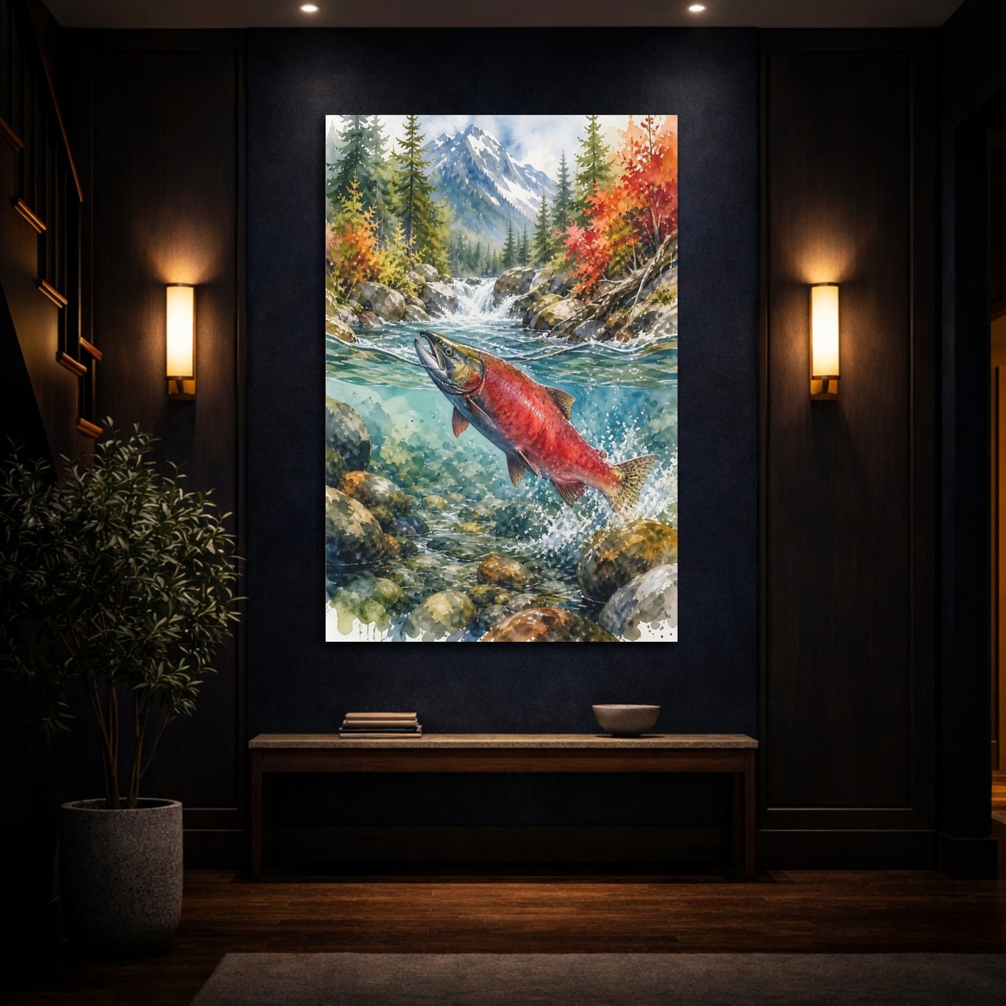 Mockup 4. Nature Salmon Red Salmon Autumn River shown as stretched canvas wall art