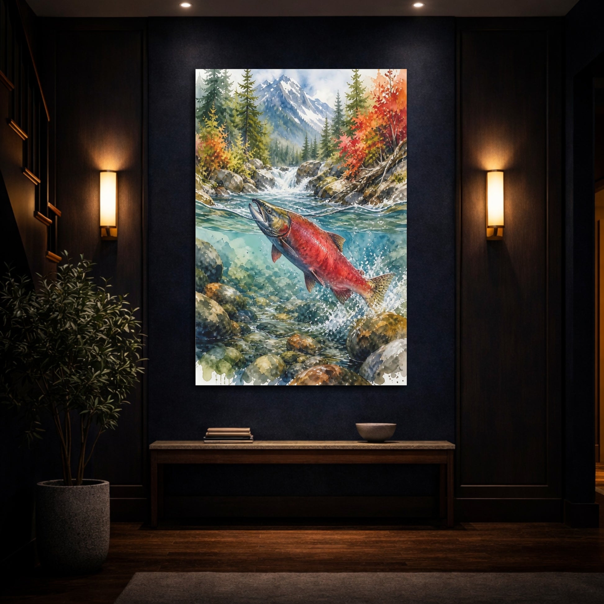 Mockup 4. Nature Salmon Red Salmon Autumn River shown as stretched canvas wall art