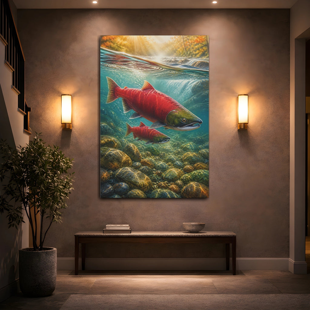 Mockup 2. Nature Salmon Red Salmon shown as stretched canvas wall art