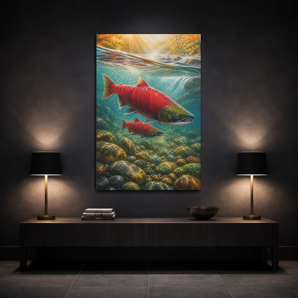 Mockup 3. Nature Salmon Red Salmon shown as stretched canvas wall art