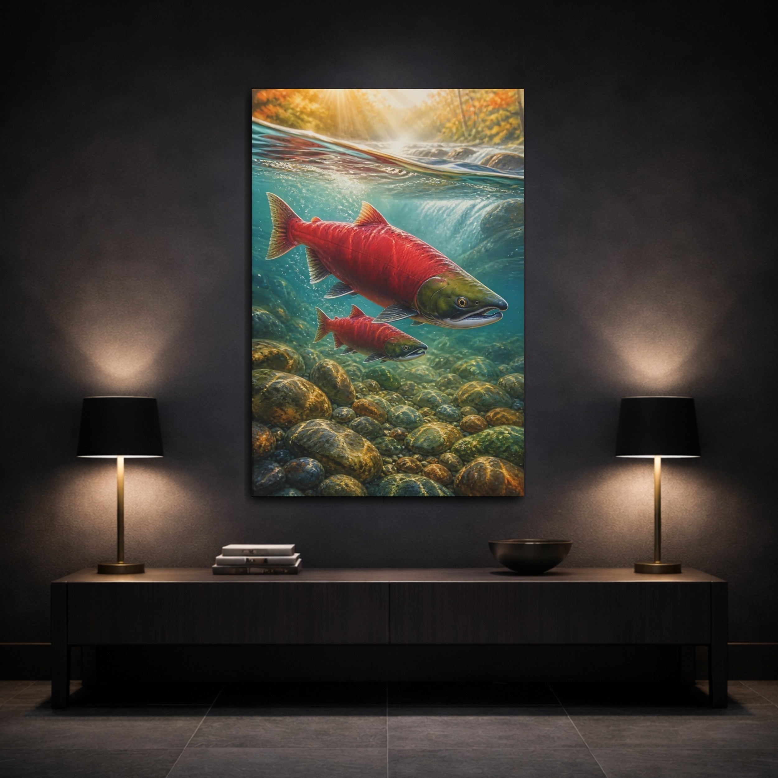 Mockup 3. Nature Salmon Red Salmon shown as stretched canvas wall art