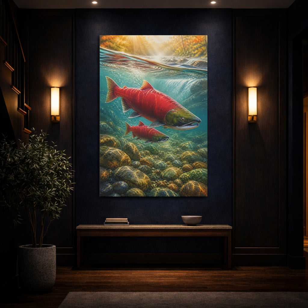 Mockup 4. Nature Salmon Red Salmon shown as stretched canvas wall art