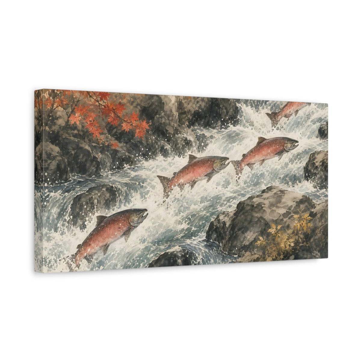Side Mockup 3. Nature Salmon Salmon River shown as stretched canvas wall art