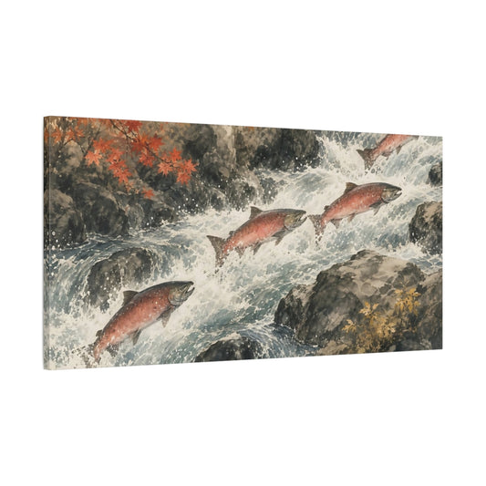 Main Mockup. Nature Salmon Salmon River shown as stretched canvas wall art