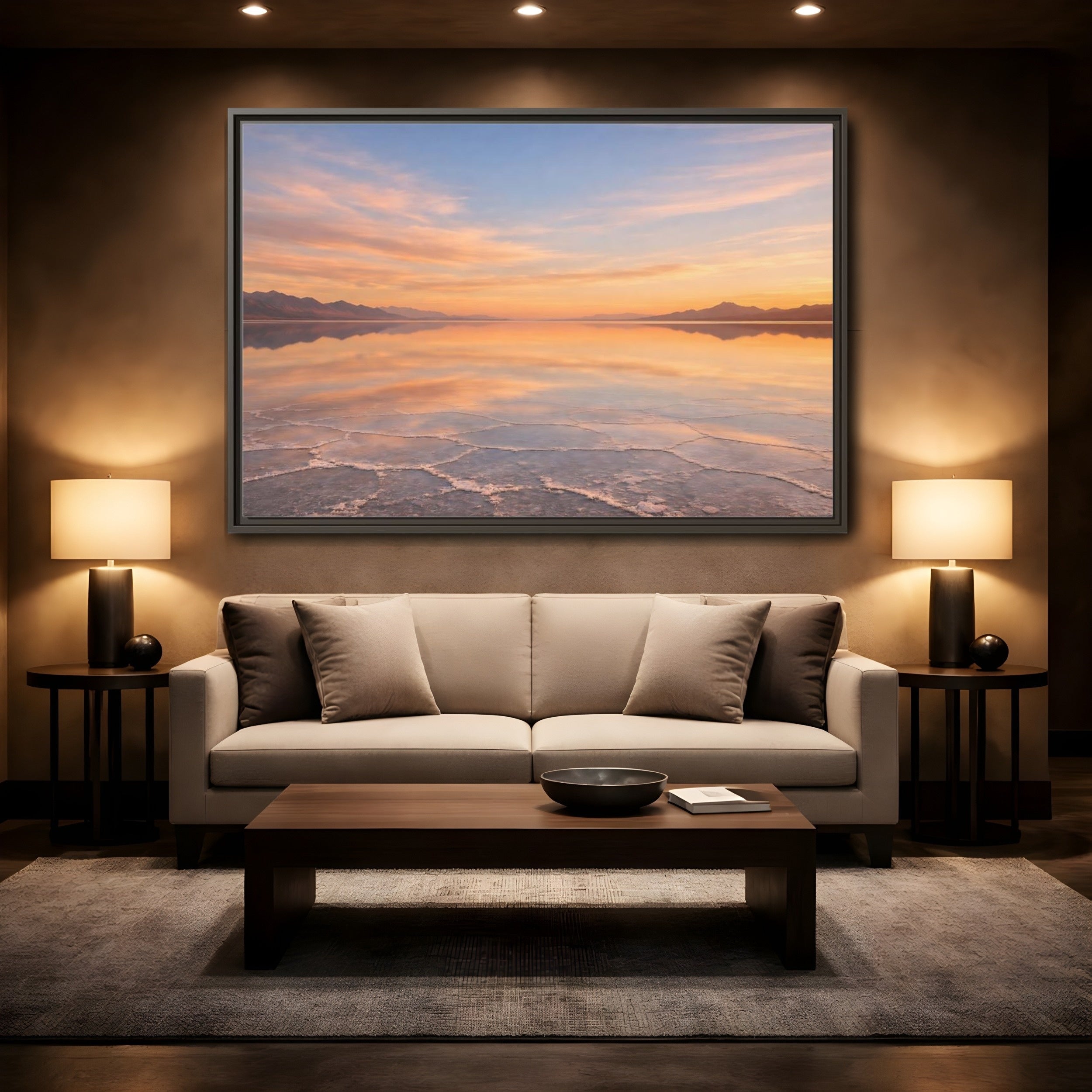 Mockup 2. Nature Salt Flats Orange Blue Landscape shown as stretched canvas wall art